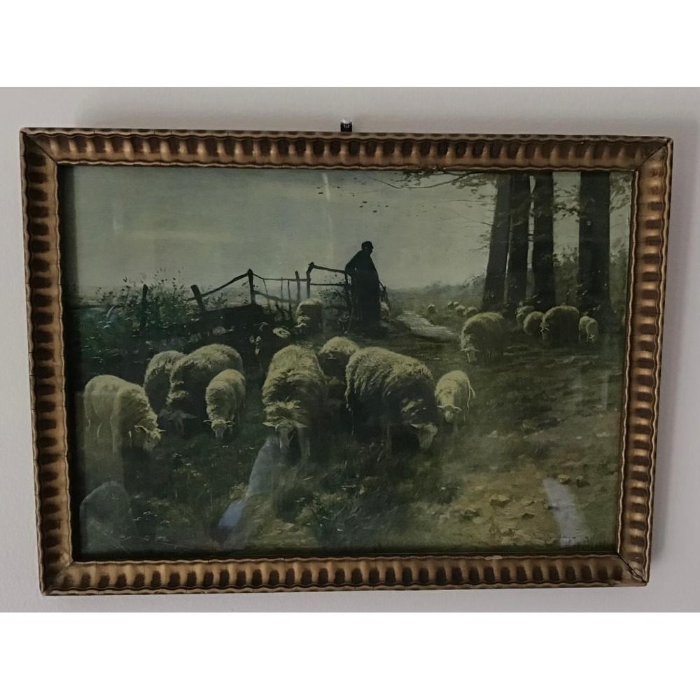 Antique Shepherd with Sheep Pastoral Print Ornate Gold Frame 13x10 Moody Rustic